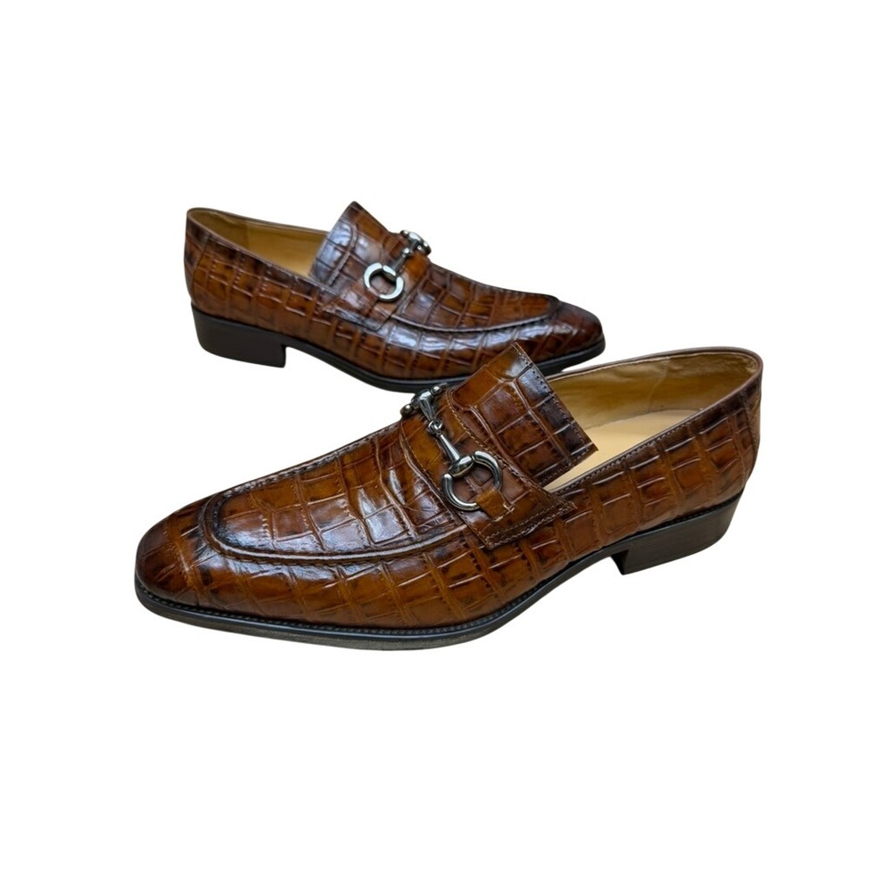 "CARRUCCI" Mens‎ Brown Croc Embossed Leather Horsebit Loafer Dress Shoes SZ 9